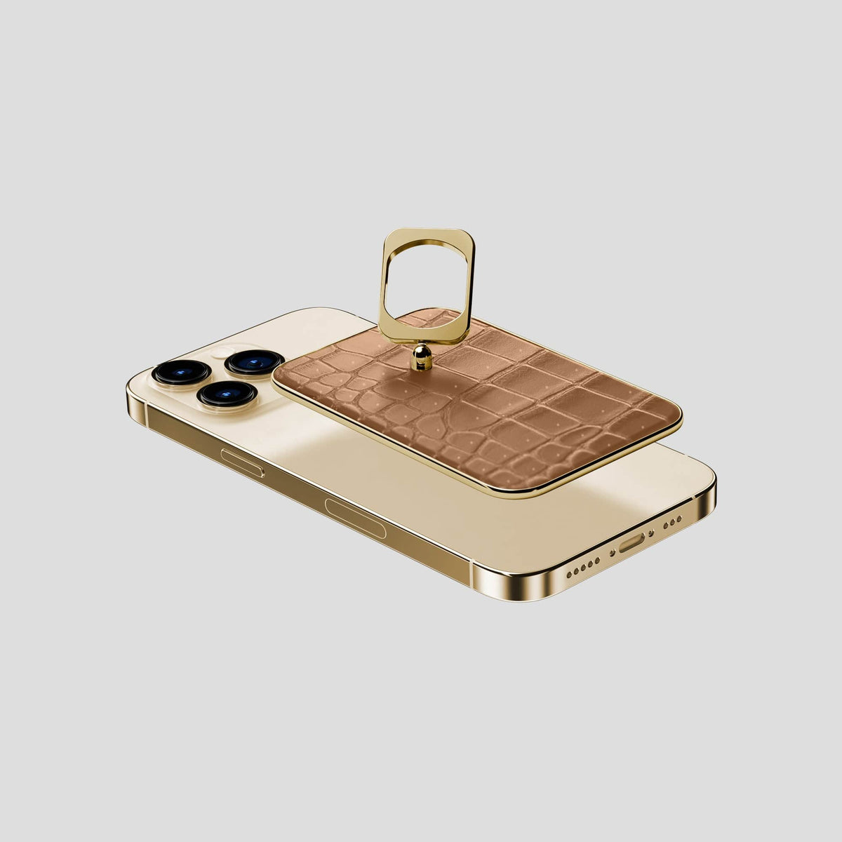 Milk-Chocolate iPhone 15 Pro Magsafe Ring Porosus Crocodile with Gold Metal -4 | Milk-Chocolate-Gold