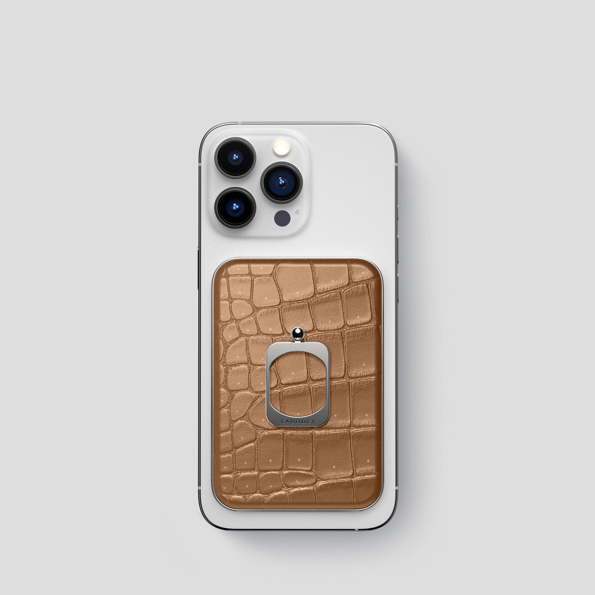 Milk-Chocolate iPhone 15 Pro Magsafe Ring Porosus Crocodile with Steel Metal -2 | Milk-Chocolate-Steel
