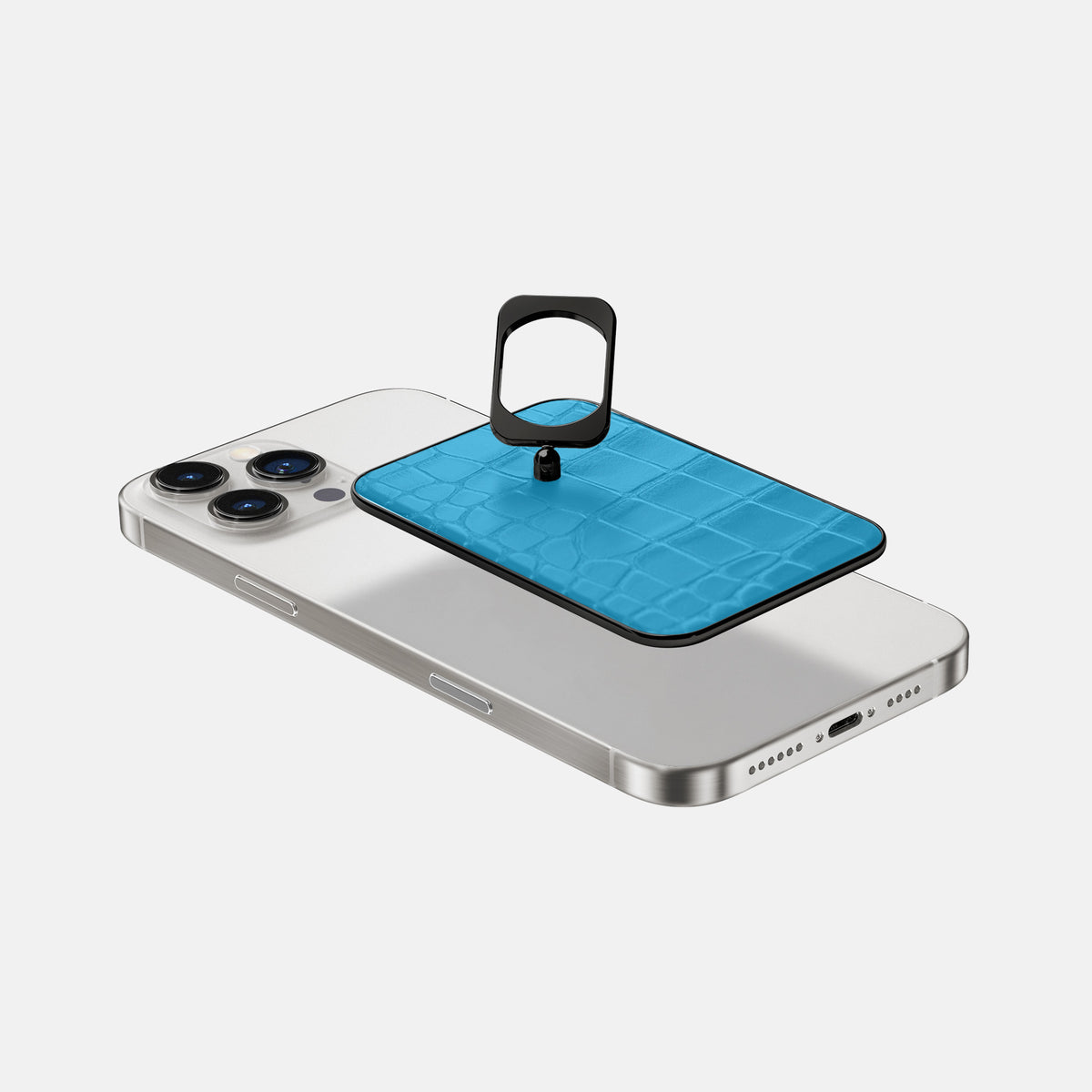 Curaçao-Blue iPhone 16 Pro MagSafe Ring Alligator with Black Metal -4 | Curaçao-Blue-Black