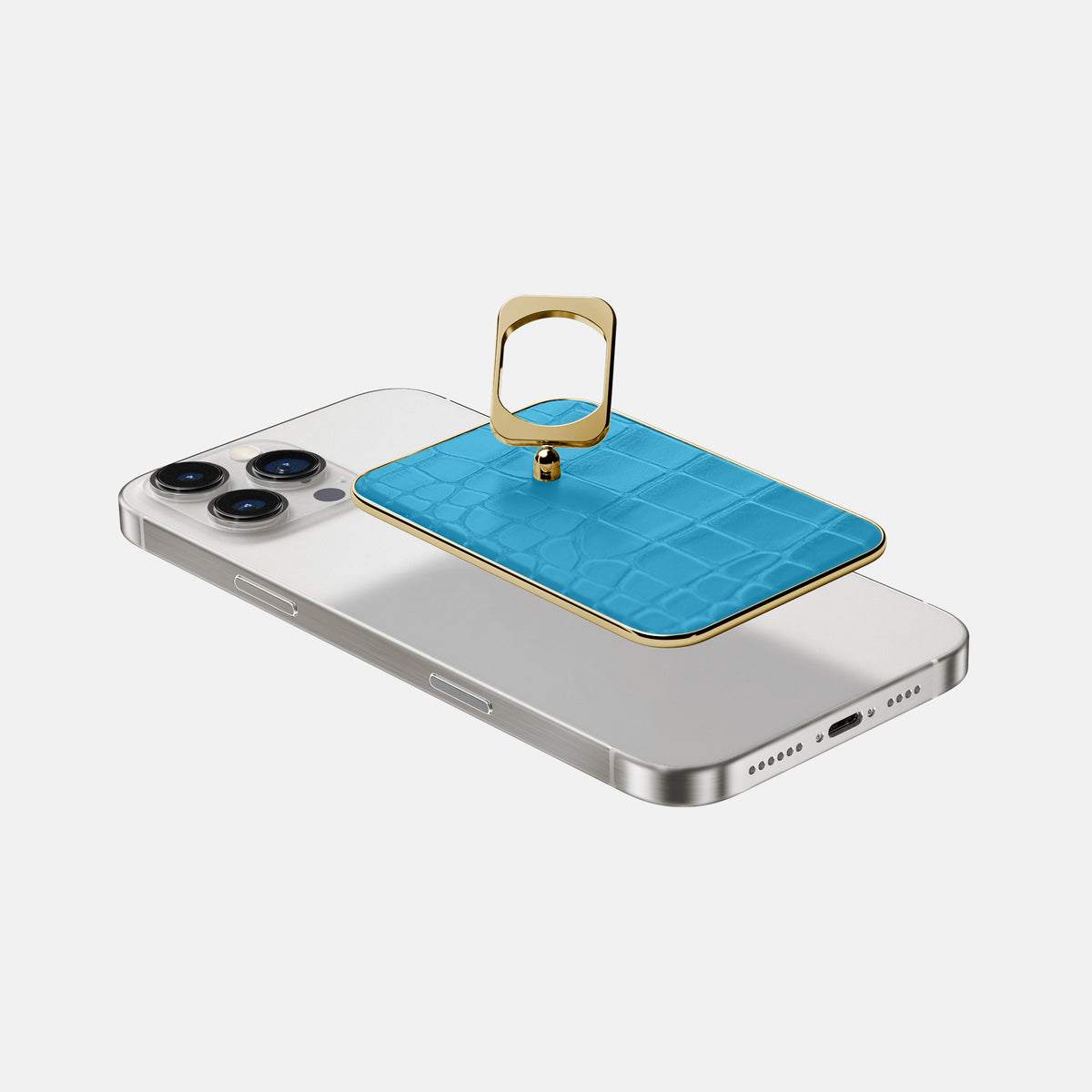 Curaçao-Blue iPhone 16 Pro MagSafe Ring Alligator with Gold Metal -4 | Curaçao-Blue-Gold
