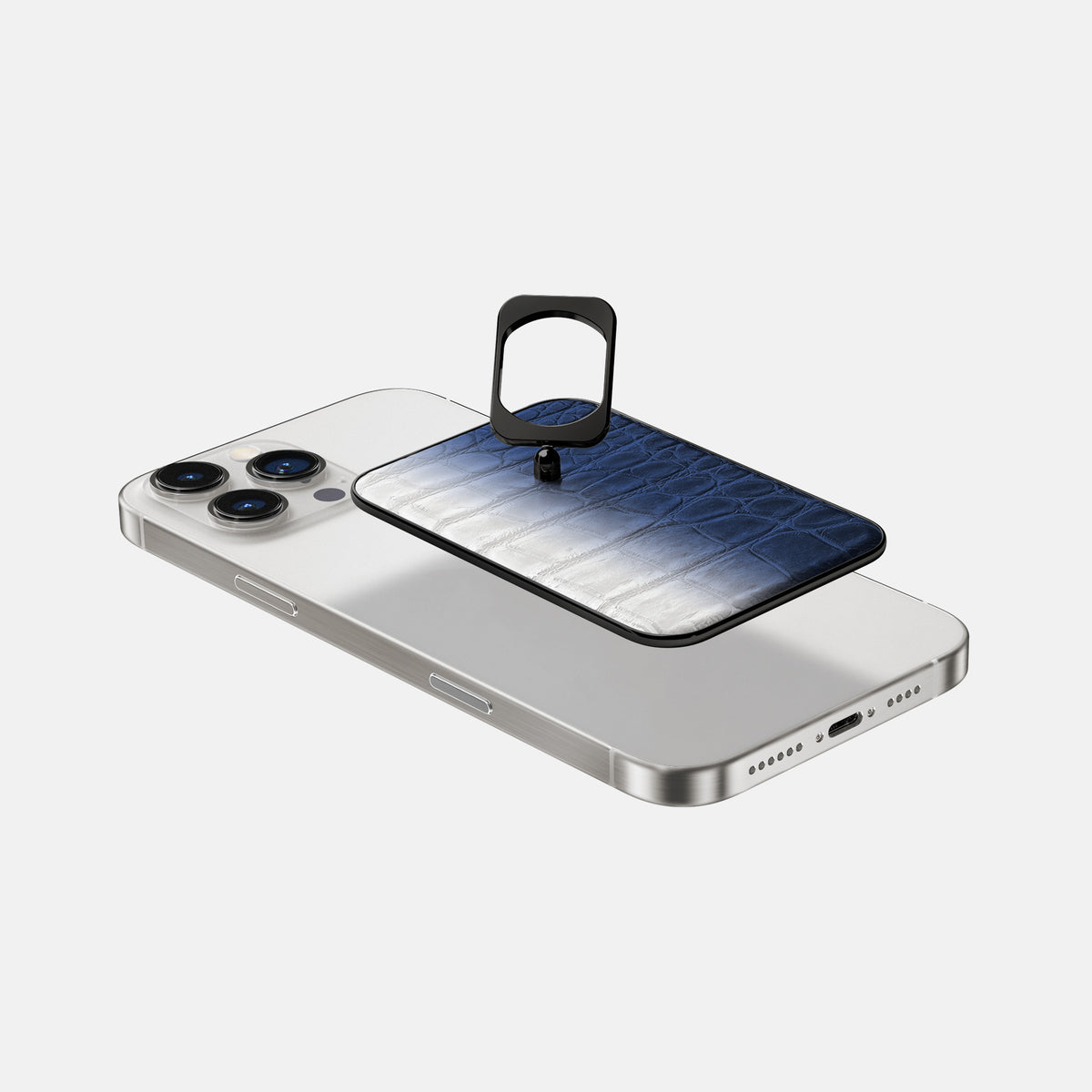 Navy Blue iPhone 16 Pro MagSafe Ring Himalayan Crocodile with Black Metal -4 | Navy-Blue-Black