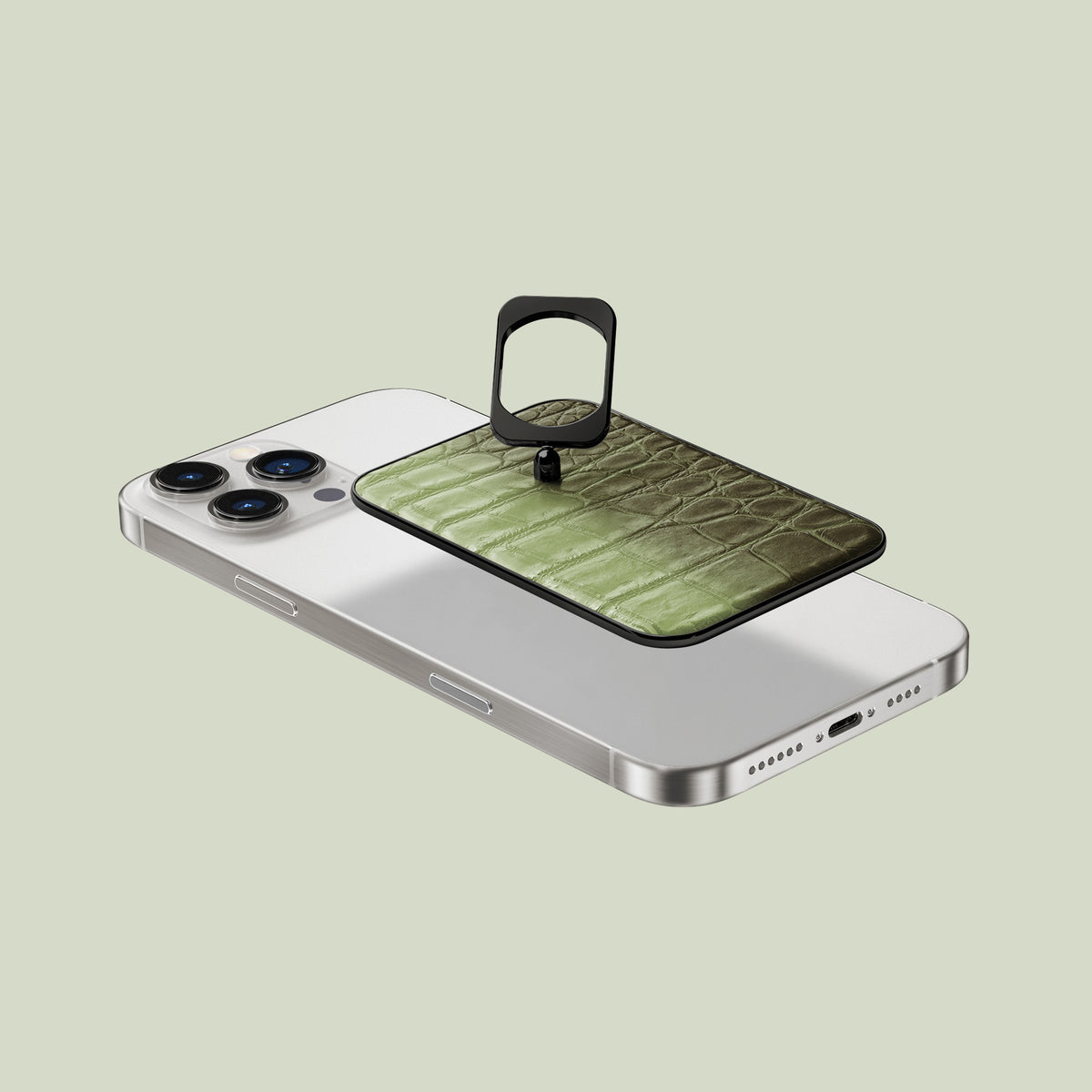 MagSafe Ring Celadon Green For iPhone 16 Pro In Himalayan Crocodile with Black Metal -2 | Celadon-Green-Black