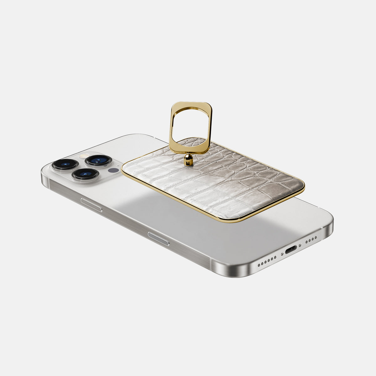 Grey iPhone 16 Pro MagSafe Ring Himalayan Crocodile with Gold Metal -4 | Grey-Gold