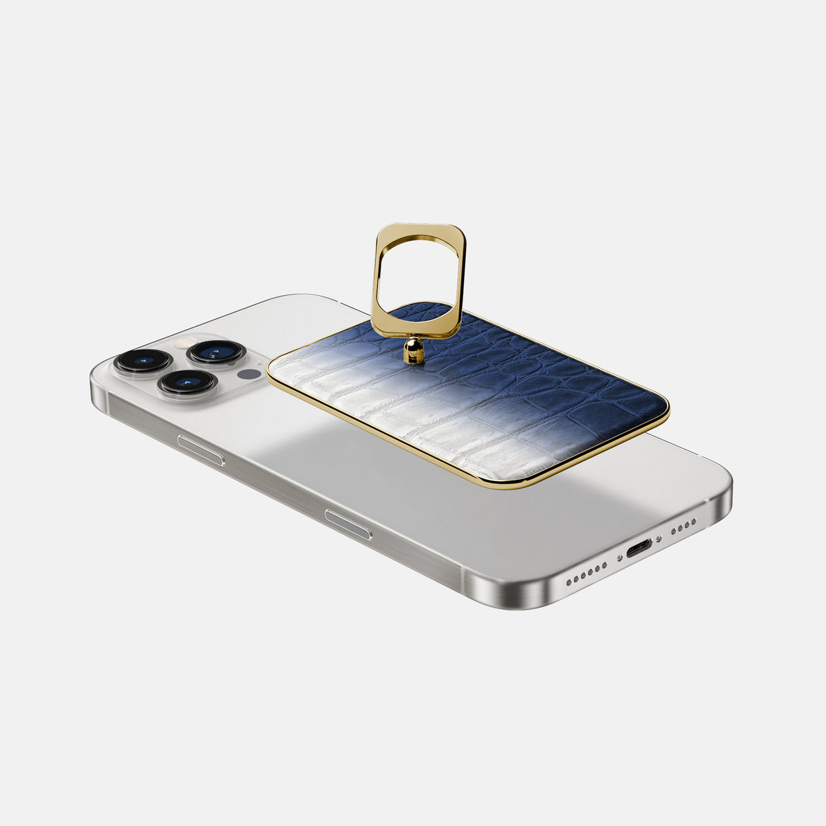 Navy Blue iPhone 16 Pro Max MagSafe Ring Himalayan Crocodile with Gold Metal -4 | Navy-Blue-Gold