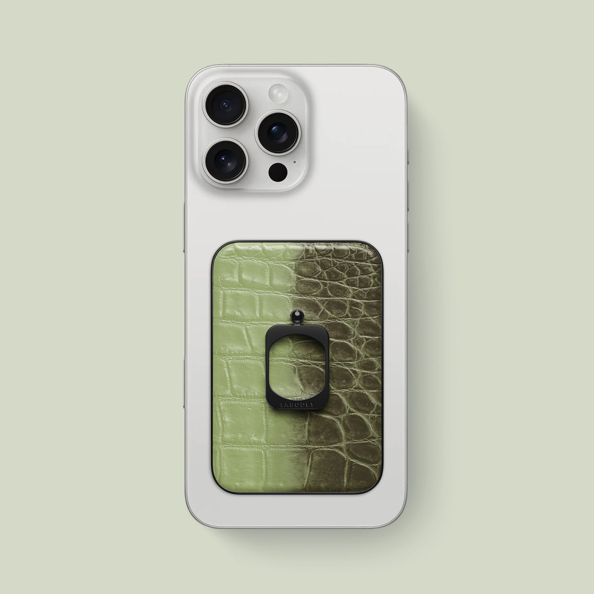 MagSafe Ring Celadon Green For iPhone 16 Pro Max In Himalayan Crocodile with Black Metal -1 | Celadon-Green-Black