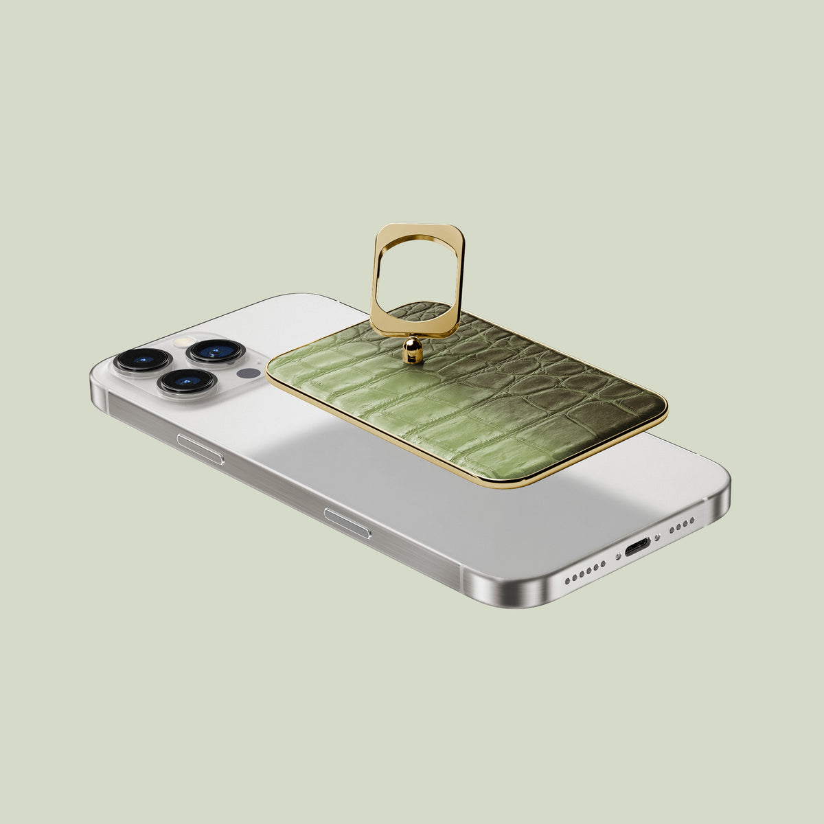 MagSafe Ring Celadon Green For iPhone 16 Pro Max In Himalayan Crocodile with Gold Metal -2 | Celadon-Green-Gold