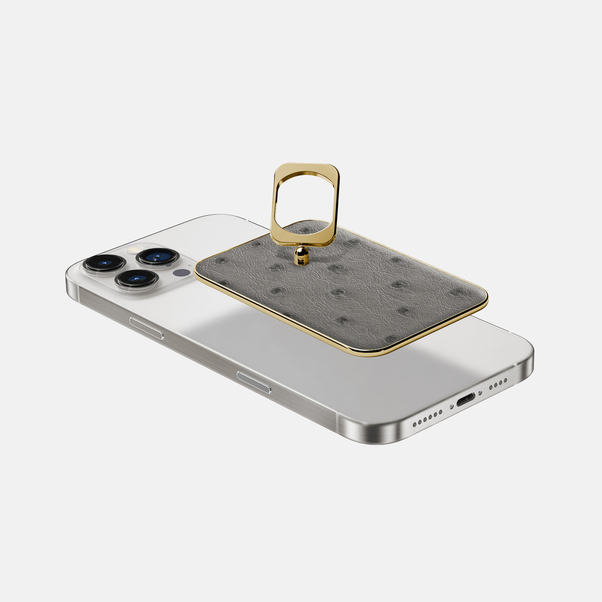 Grey iPhone 16 Pro Max MagSafe Ring Ostrich with Gold Metal -4 | Grey-Gold