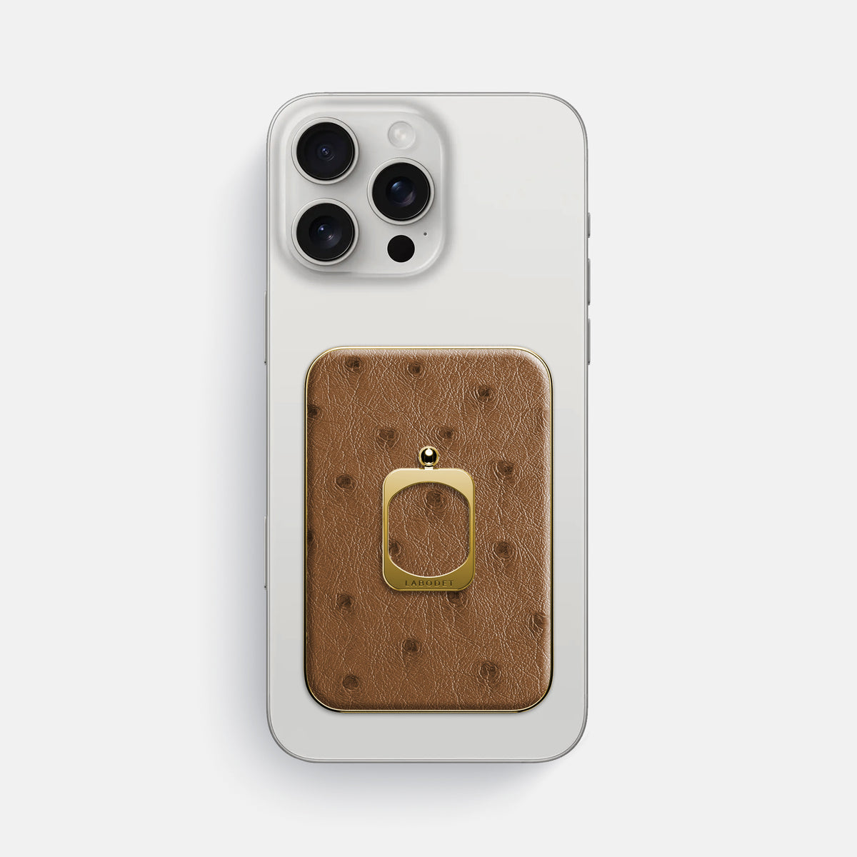 Medium-Brown iPhone 16 Pro Max MagSafe Ring Ostrich with Gold Metal -2 | Medium-Brown-Gold