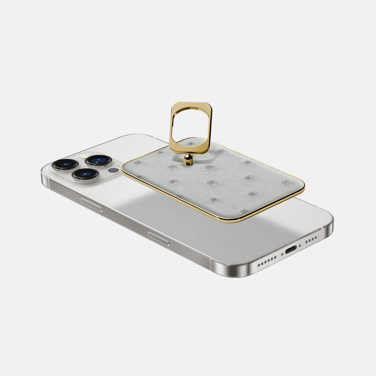 White iPhone 16 Pro Max MagSafe Ring Ostrich with Gold Metal -4 | White-Gold