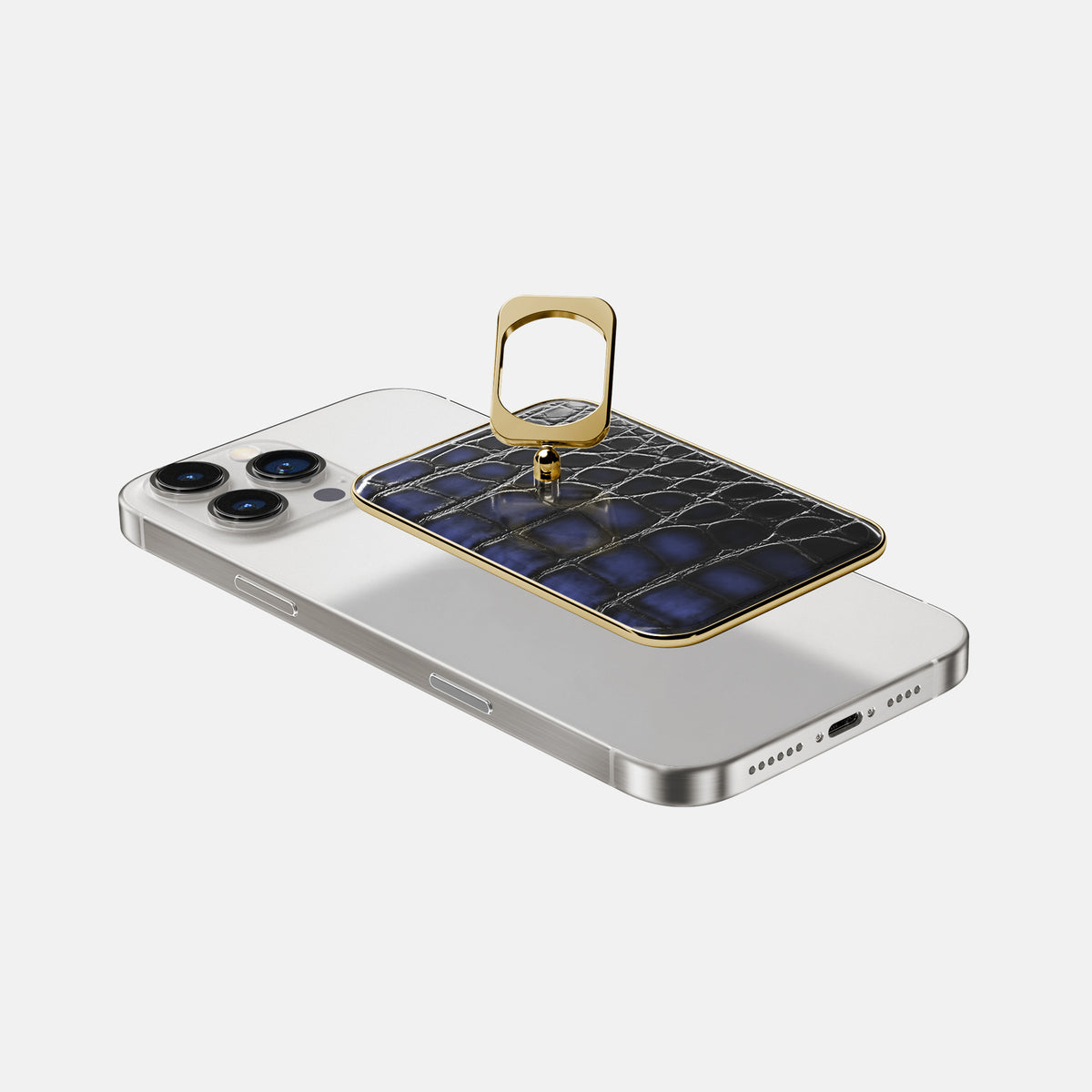 Havana-Blue iPhone 16 Pro Max Magsafe Ring Patina Alligator with Gold Metal -4 | Havana-Blue-Gold