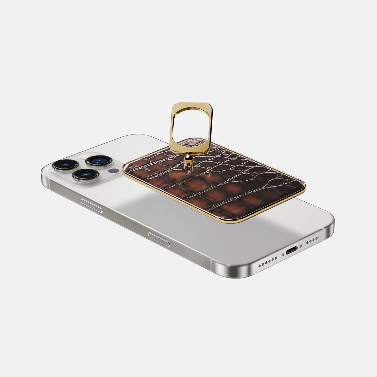 Havana-Brown iPhone 16 Pro Max Magsafe Ring Patina Alligator with Gold Metal -4 | Havana-Brown-Gold