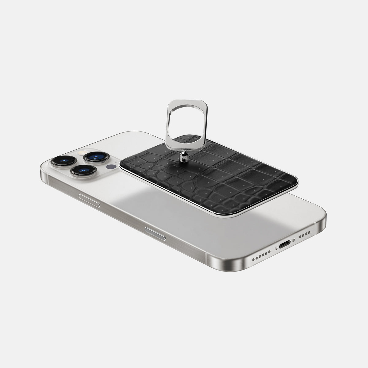 Black iPhone 16 Pro Max Magsafe Ring Porosus Crocodile with Steel Metal -4 | Black-Steel
