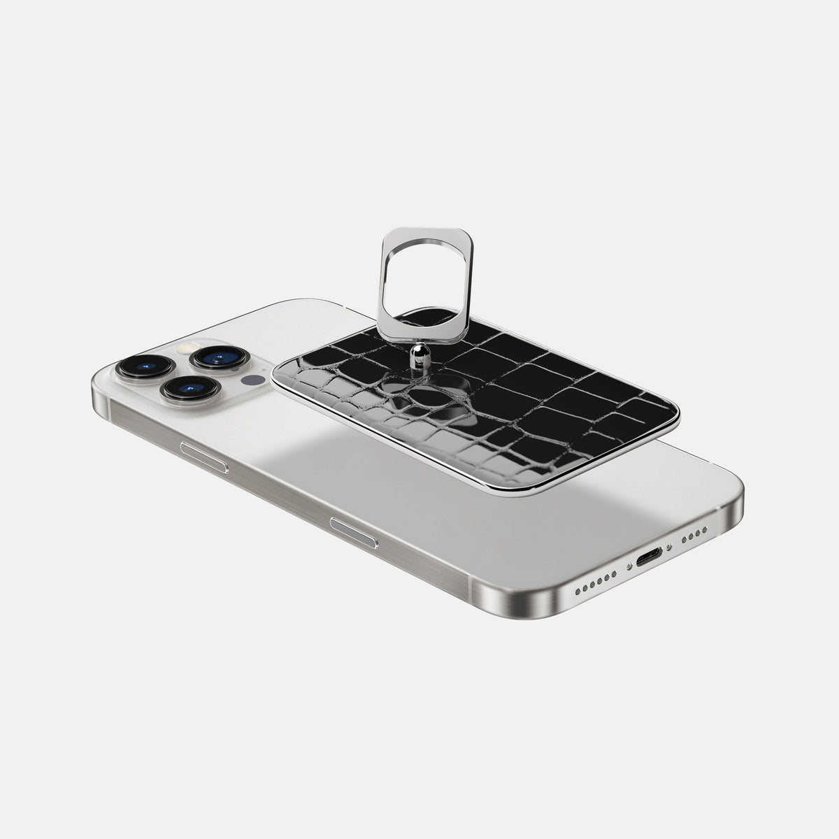 Black iPhone 16 Pro Max MagSafe Ring Shiny Alligator with Steel Metal -4 | Black-Steel