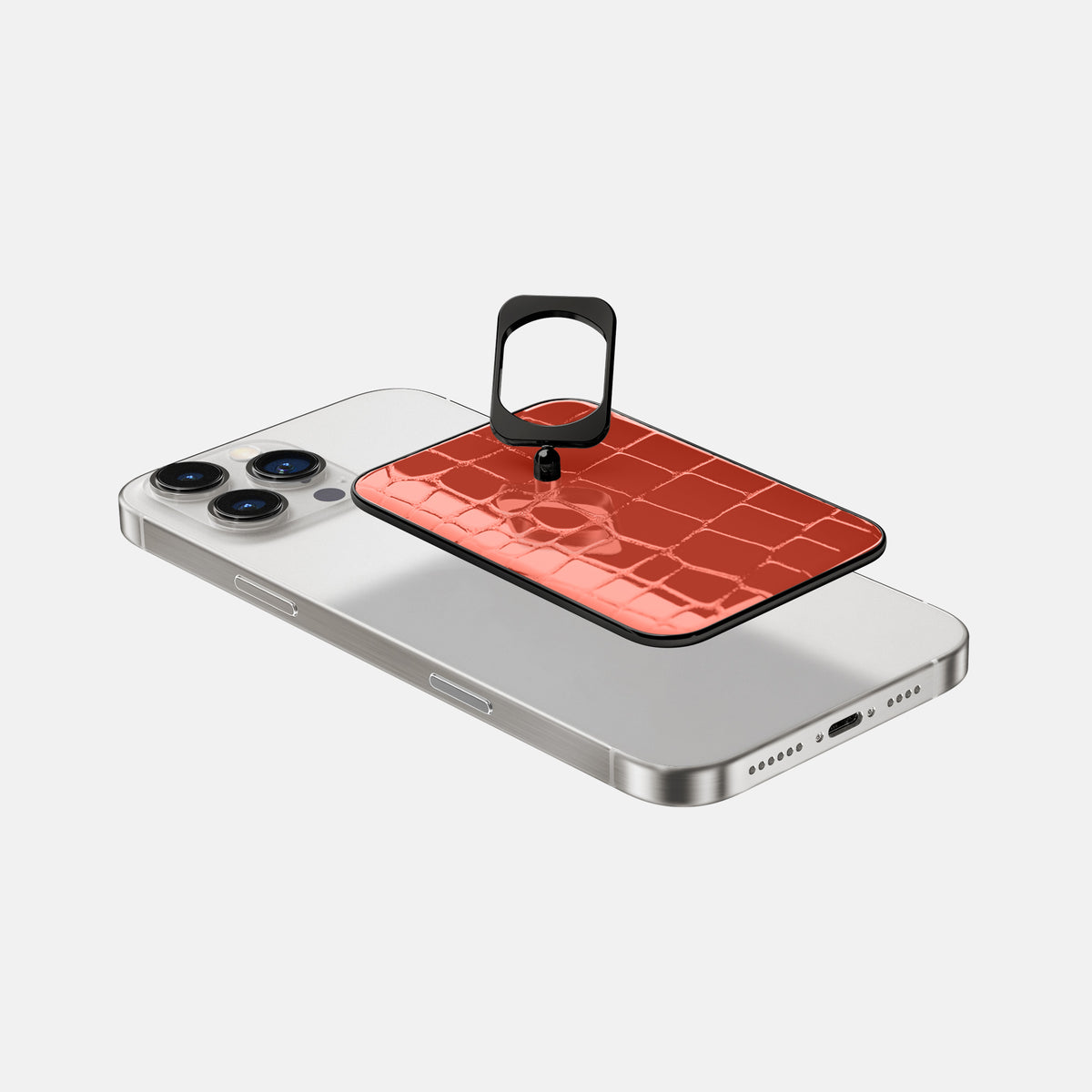 Coral-Orange iPhone 16 Pro Max MagSafe Ring Shiny Alligator with Black Metal -4 | Coral-Orange-Black