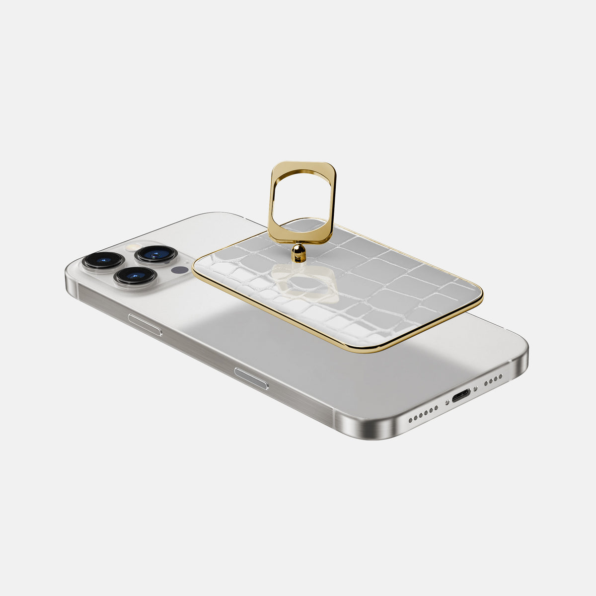 White iPhone 16 Pro Max MagSafe Ring Shiny Alligator with Gold Metal -4 | White-Gold