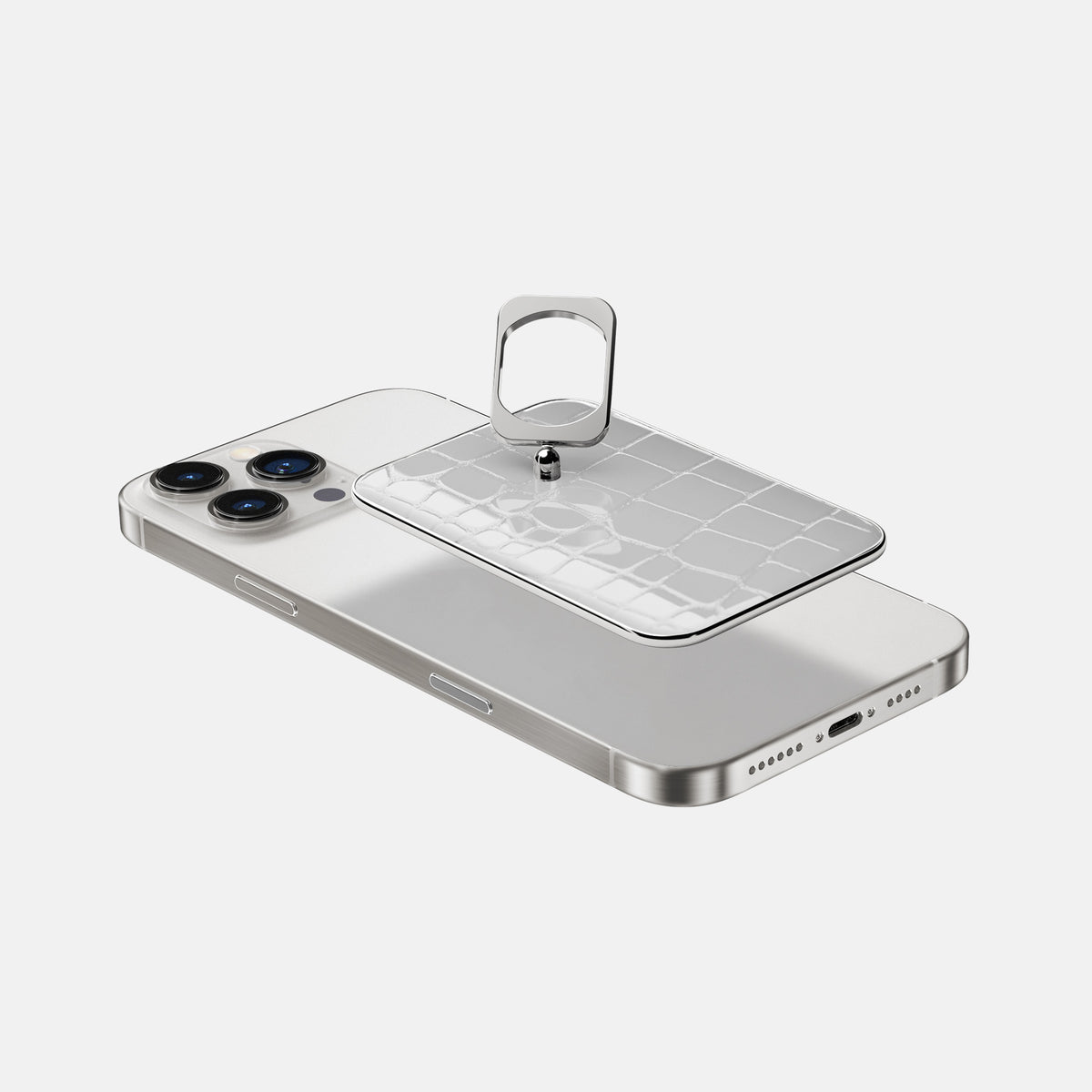 White iPhone 16 Pro Max MagSafe Ring Shiny Alligator with Steel Metal -4 | White-Steel