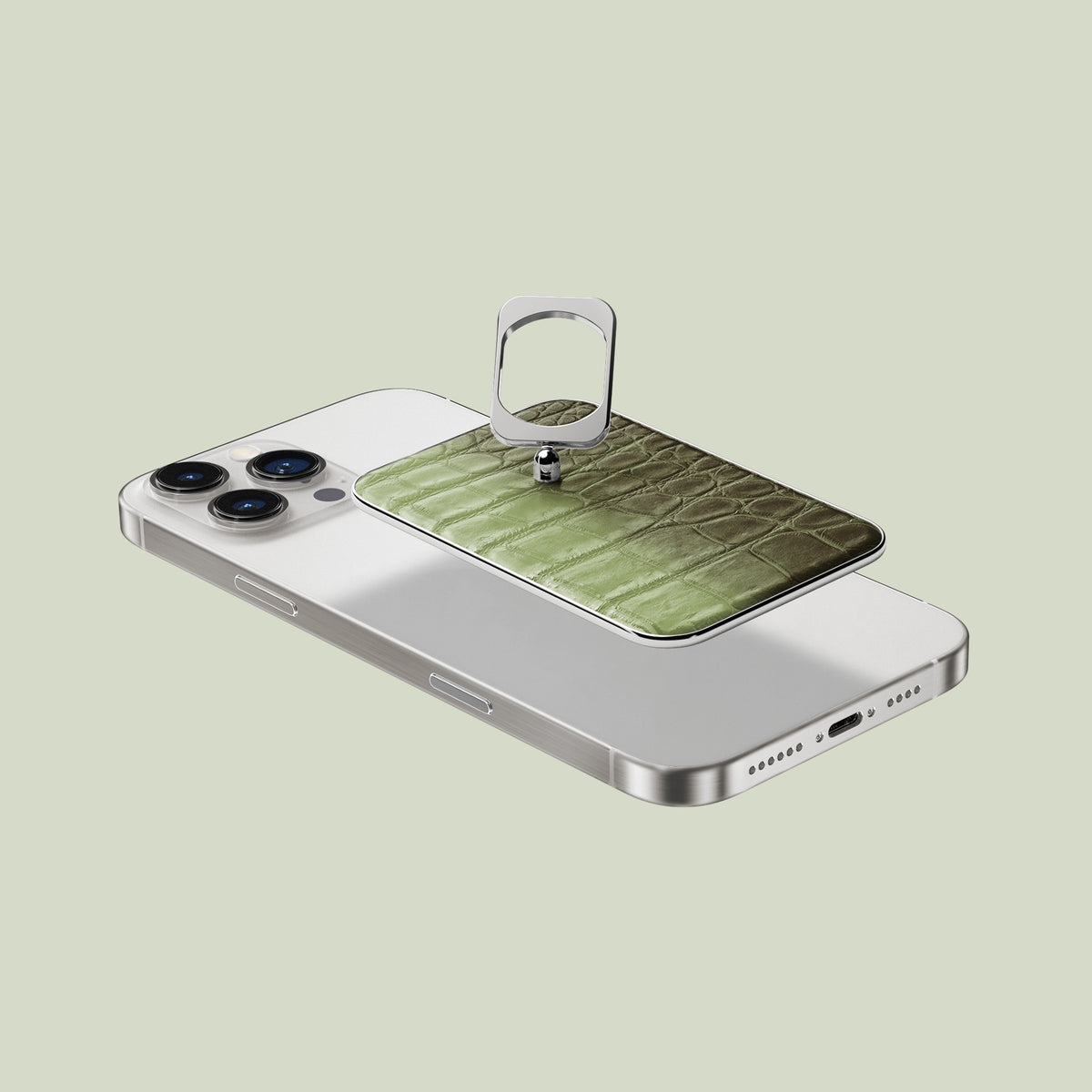 MagSafe Ring Celadon Green For iPhone 16 Pro Max In Himalayan Crocodile with Steel Metal -2 | Celadon-Green-Steel