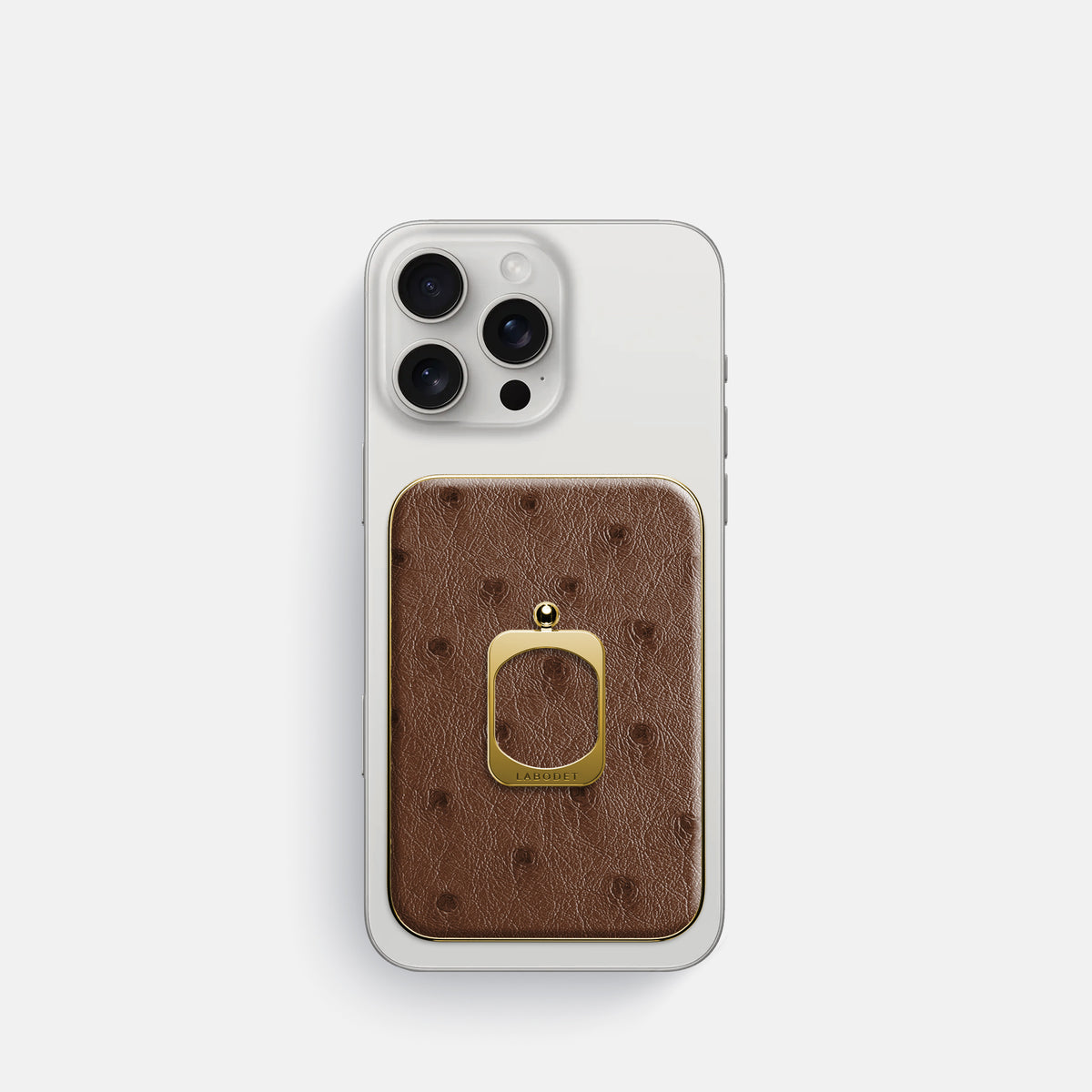 Chocolate iPhone 16 Pro MagSafe Ring Ostrich with Gold Metal -2 | Chocolate-Gold