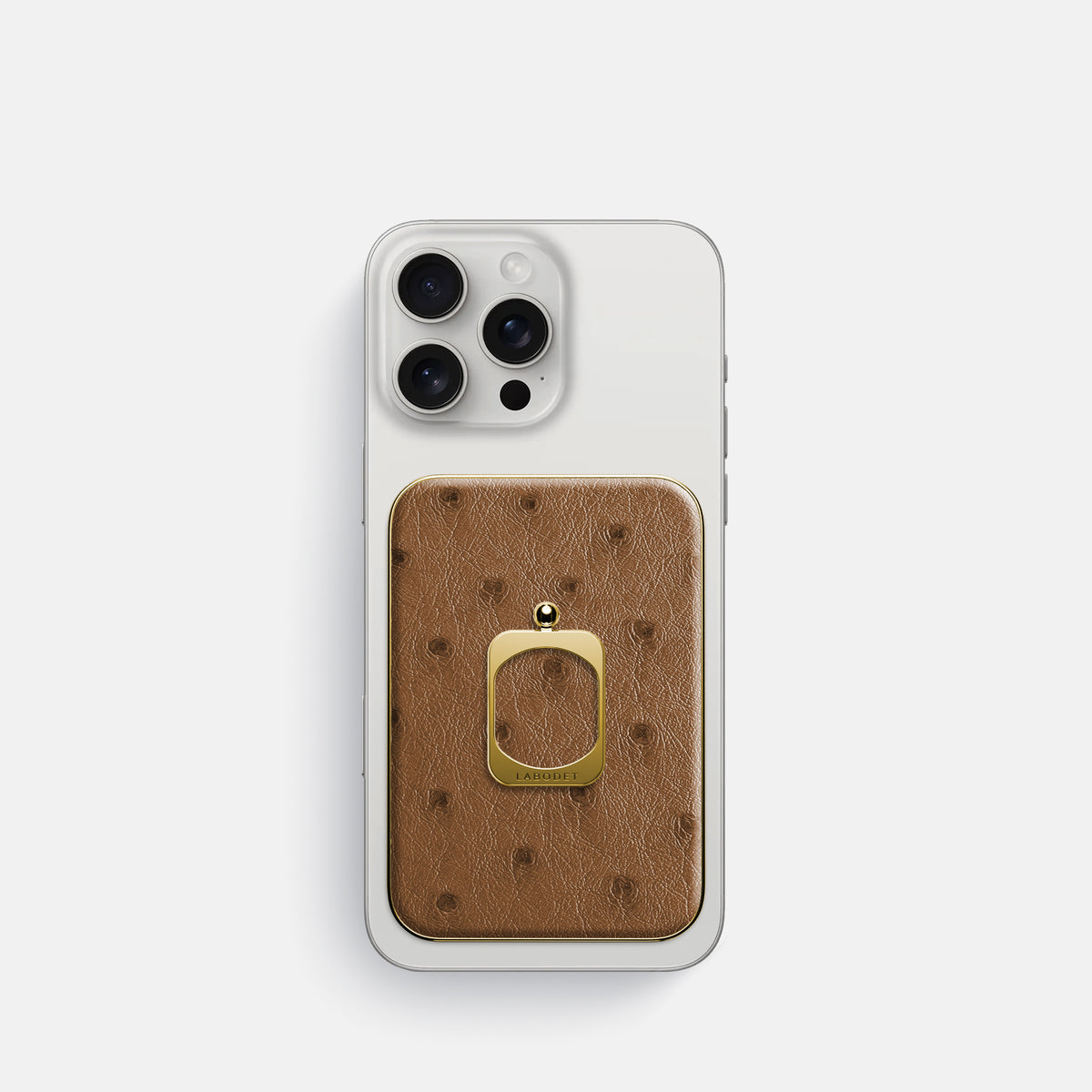 Medium-Brown iPhone 16 Pro MagSafe Ring Ostrich with Gold Metal -2 | Medium-Brown-Gold