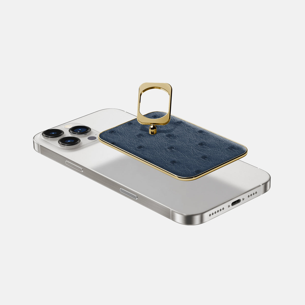 Navy-Blue iPhone 16 Pro MagSafe Ring Ostrich with Gold Metal -4 | Navy-Blue-Gold