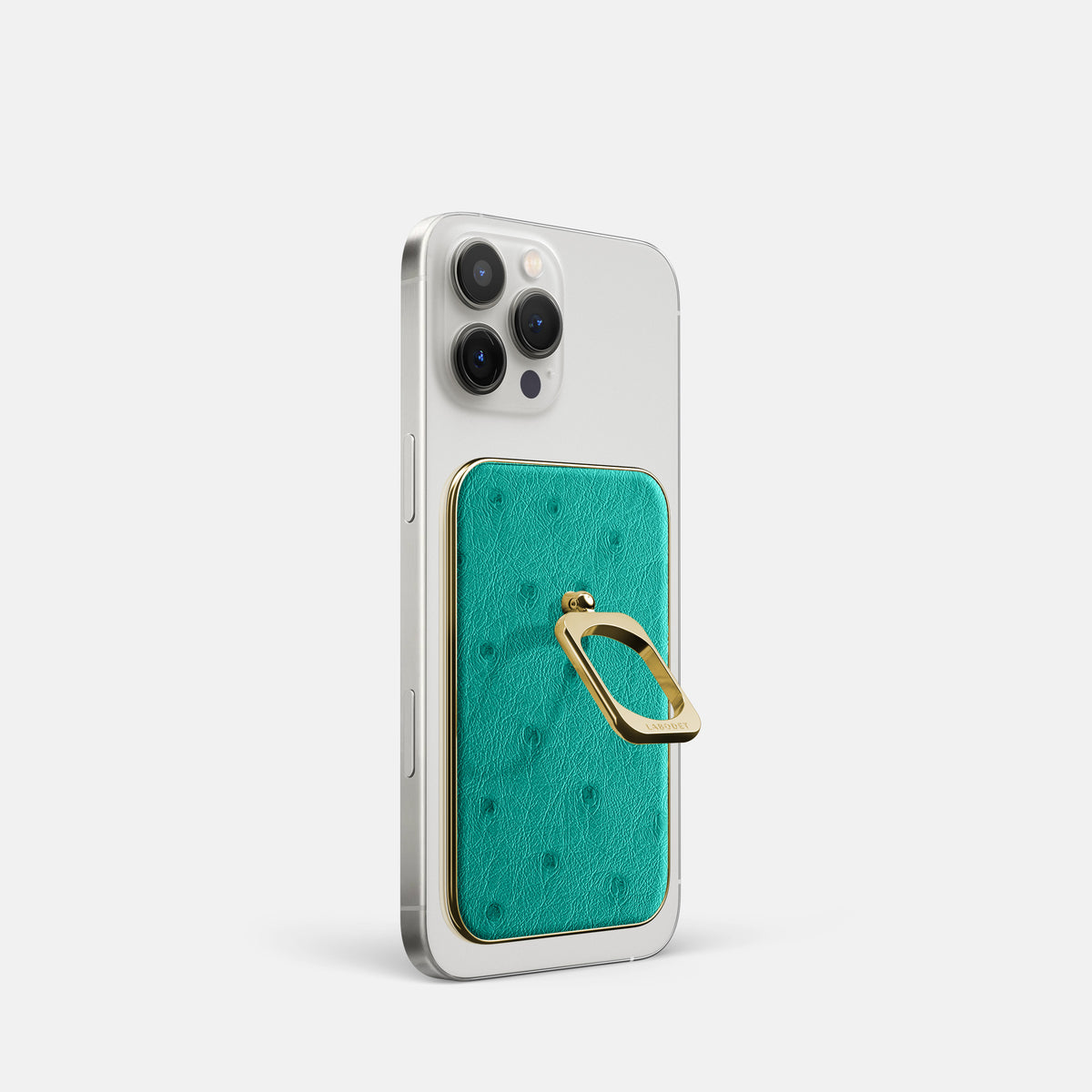 Turquoise iPhone 16 Pro MagSafe Ring Ostrich with Gold Metal -1 | Turquoise-Gold