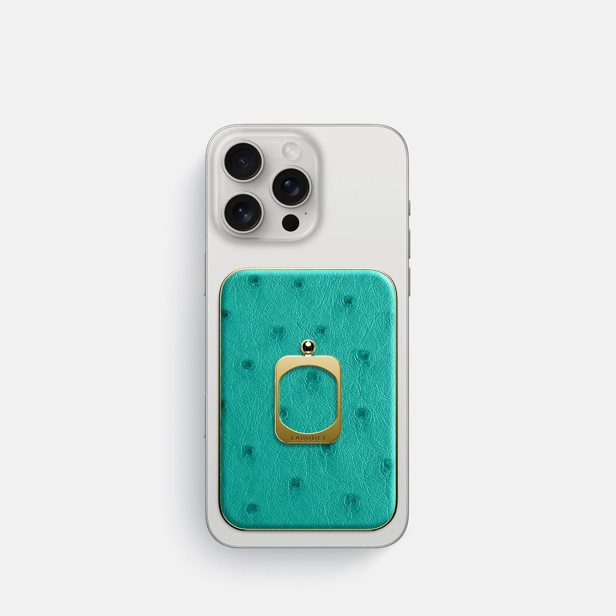 Turquoise iPhone 16 Pro MagSafe Ring Ostrich with Gold Metal -2 | Turquoise-Gold