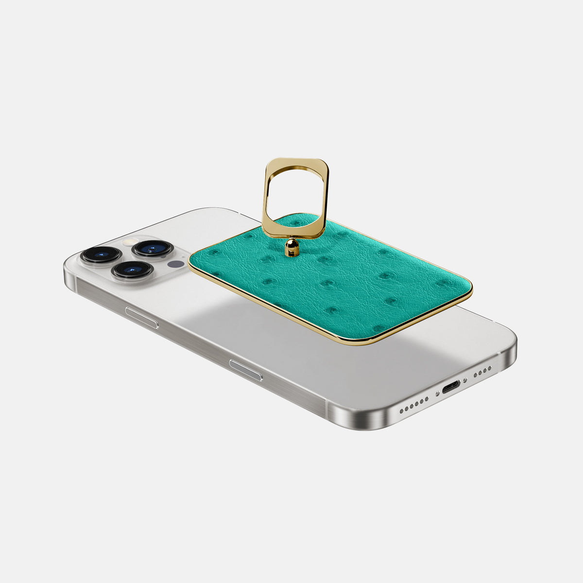 Turquoise iPhone 16 Pro MagSafe Ring Ostrich with Gold Metal -4 | Turquoise-Gold