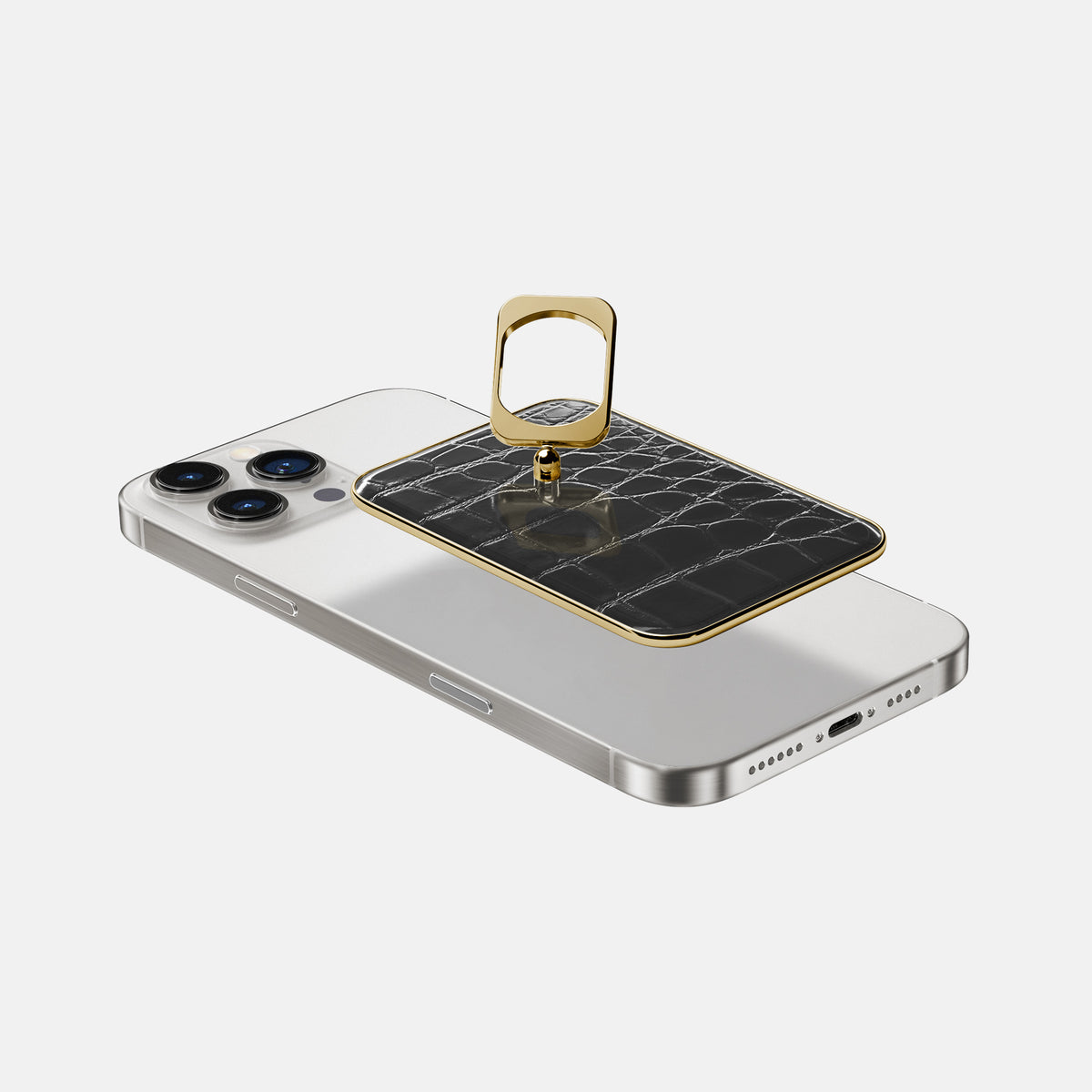 Havana-Black iPhone 16 Pro Magsafe Ring Patina Alligator with Gold Metal -4 | Havana-Black-Gold