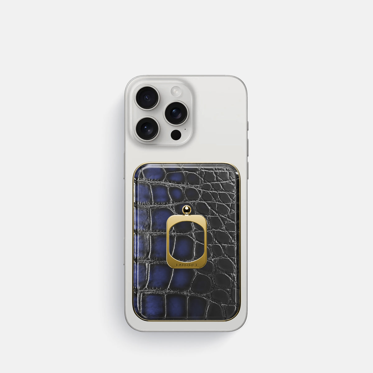 Havana-Blue iPhone 16 Pro Magsafe Ring Patina Alligator with Gold Metal -2 | Havana-Blue-Gold