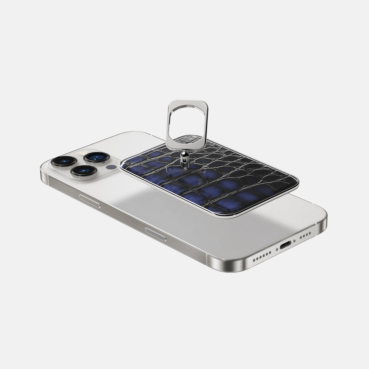 Havana-Blue iPhone 16 Pro Magsafe Ring Patina Alligator with Steel Metal -4 | Havana-Blue-Steel
