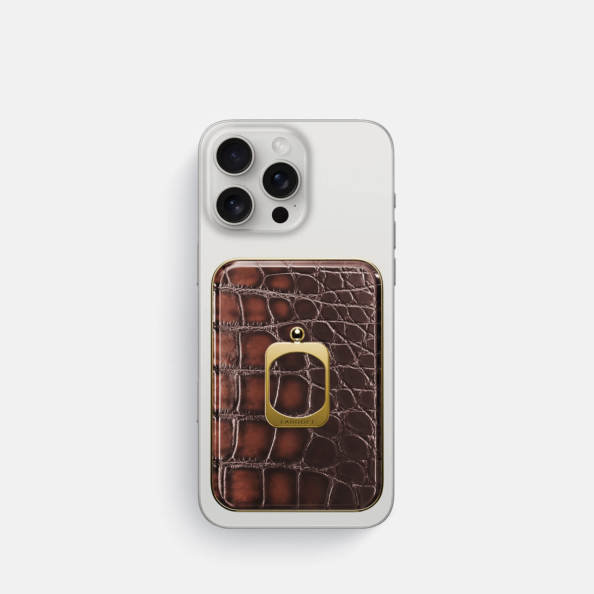 Havana-Brown iPhone 16 Pro Magsafe Ring Patina Alligator with Gold Metal -2 | Havana-Brown-Gold