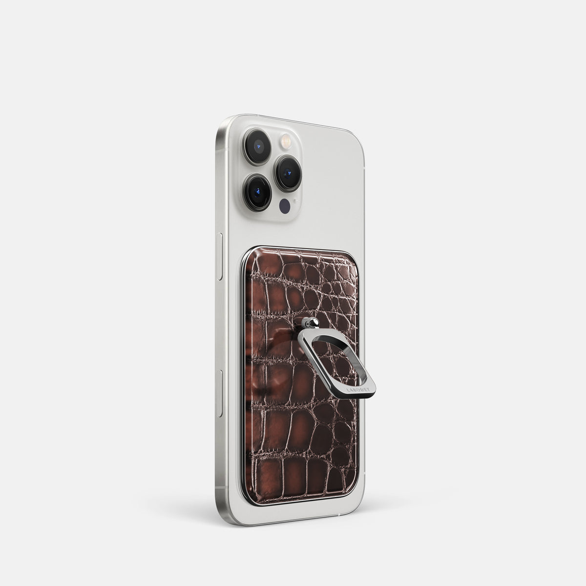 Havana-Brown iPhone 16 Pro Magsafe Ring Patina Alligator with Steel Metal -1 | Havana-Brown-Steel
