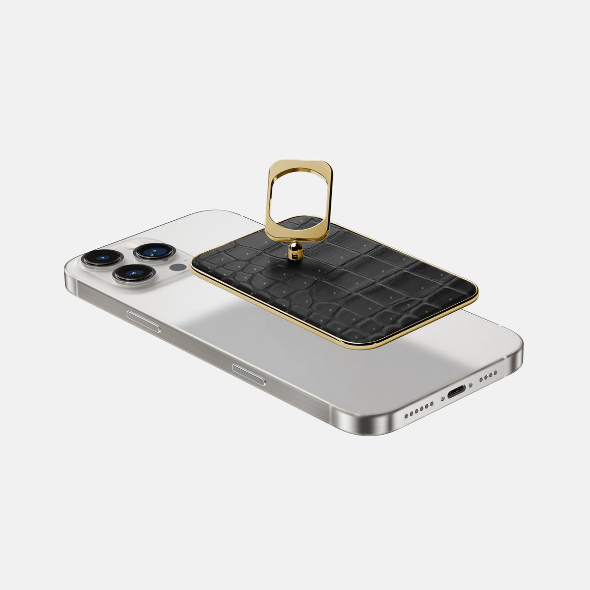 Black iPhone 16 Pro Magsafe Ring Porosus Crocodile with Gold Metal -4 | Black-Gold