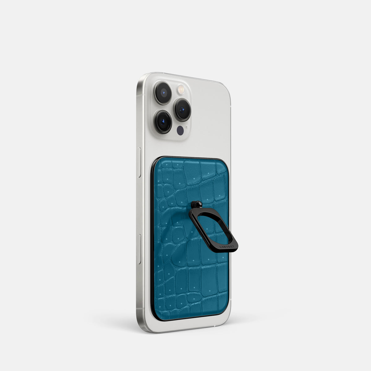 Duck Blue iPhone 16 Pro Magsafe Ring Porosus Crocodile with Black Metal -1 | Duck-Blue-Black
