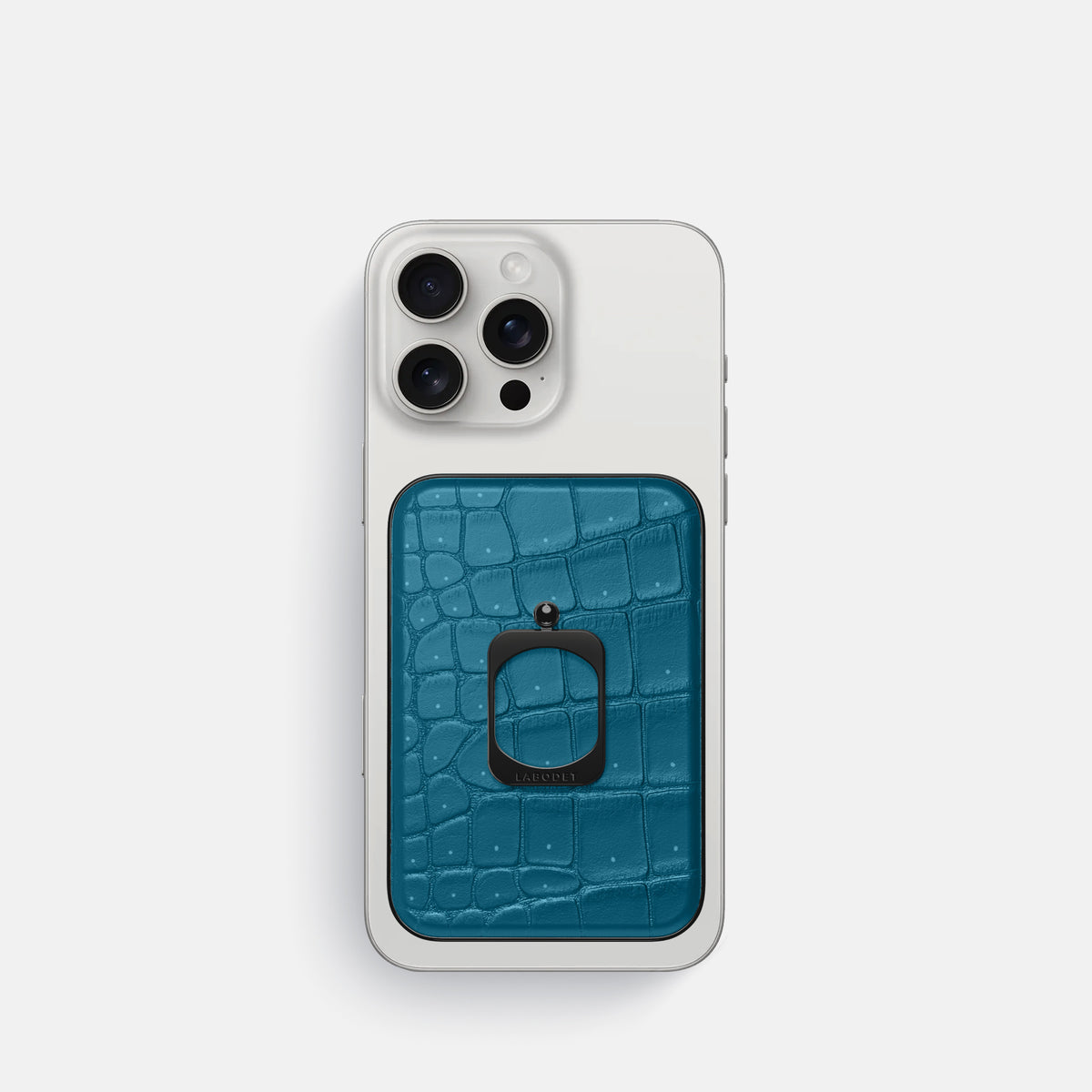 Duck Blue iPhone 16 Pro Magsafe Ring Porosus Crocodile with Black Metal -2 | Duck-Blue-Black