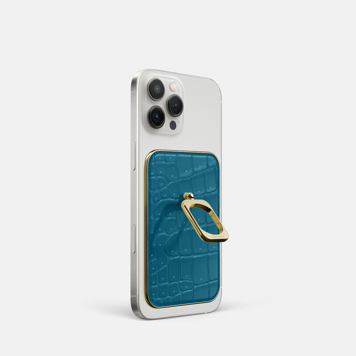 Duck Blue iPhone 16 Pro Magsafe Ring Porosus Crocodile with Gold Metal -1 | Duck-Blue-Gold