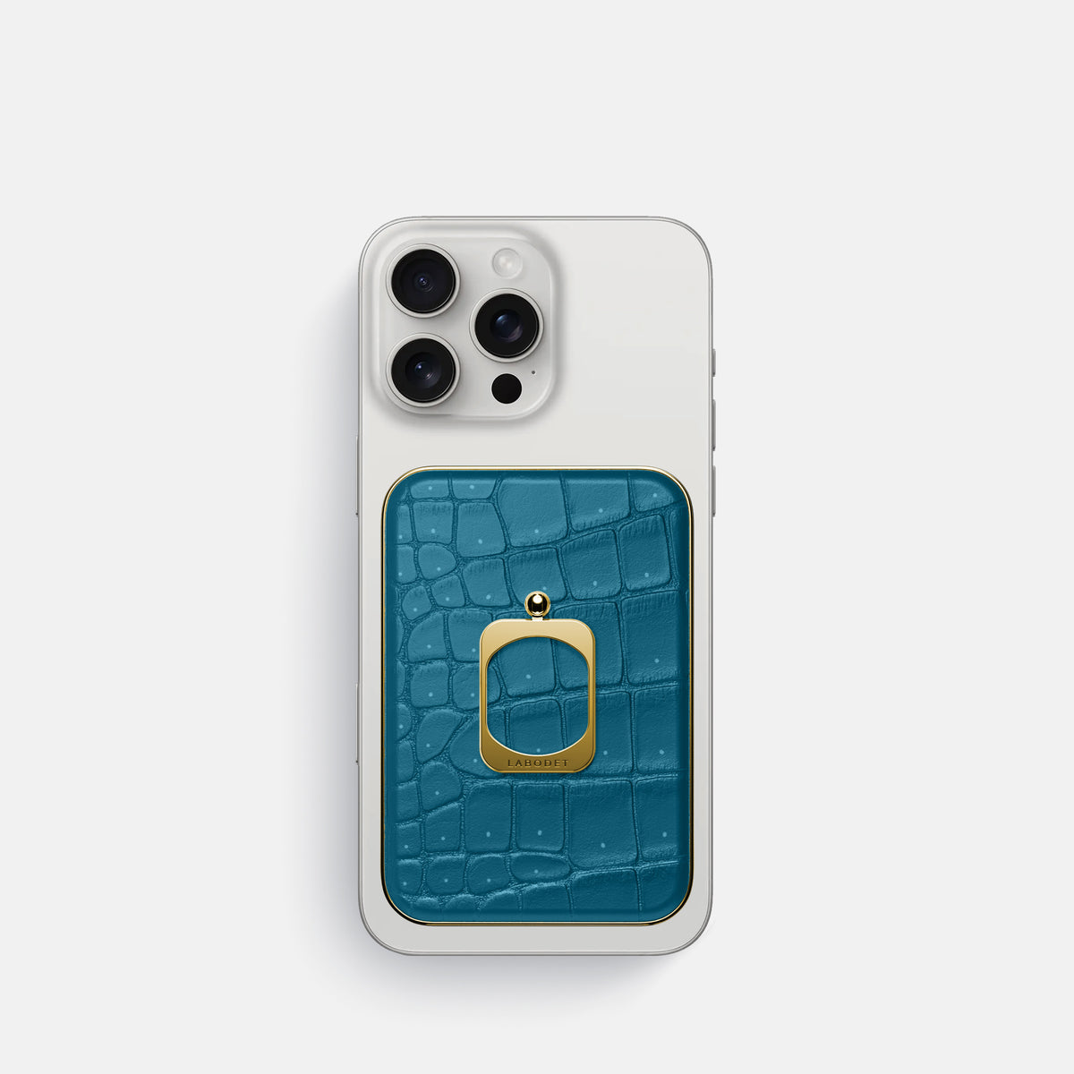 Duck Blue iPhone 16 Pro Magsafe Ring Porosus Crocodile with Gold Metal -2 | Duck-Blue-Gold
