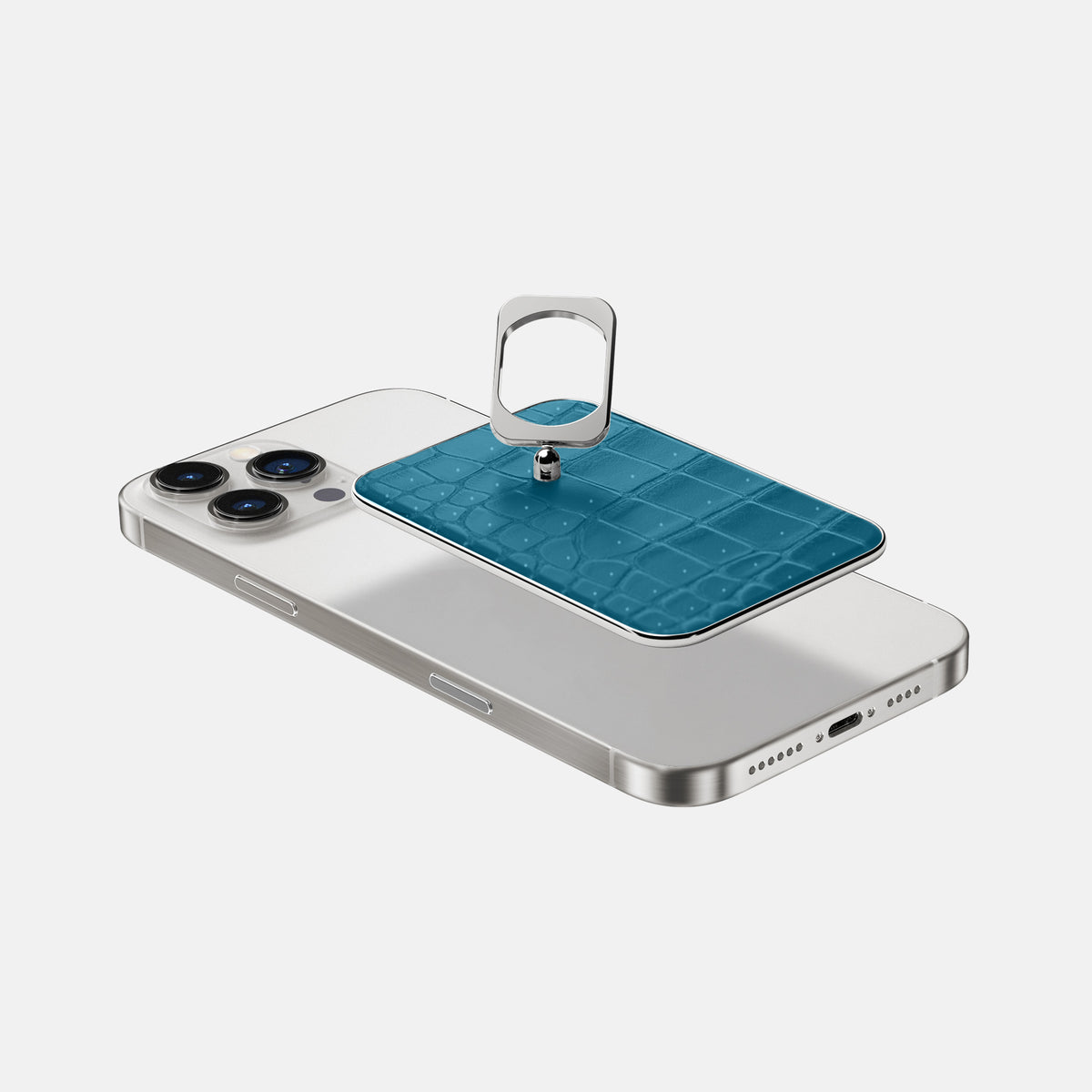 Duck Blue iPhone 16 Pro Magsafe Ring Porosus Crocodile with Steel Metal -4 | Duck-Blue-Steel
