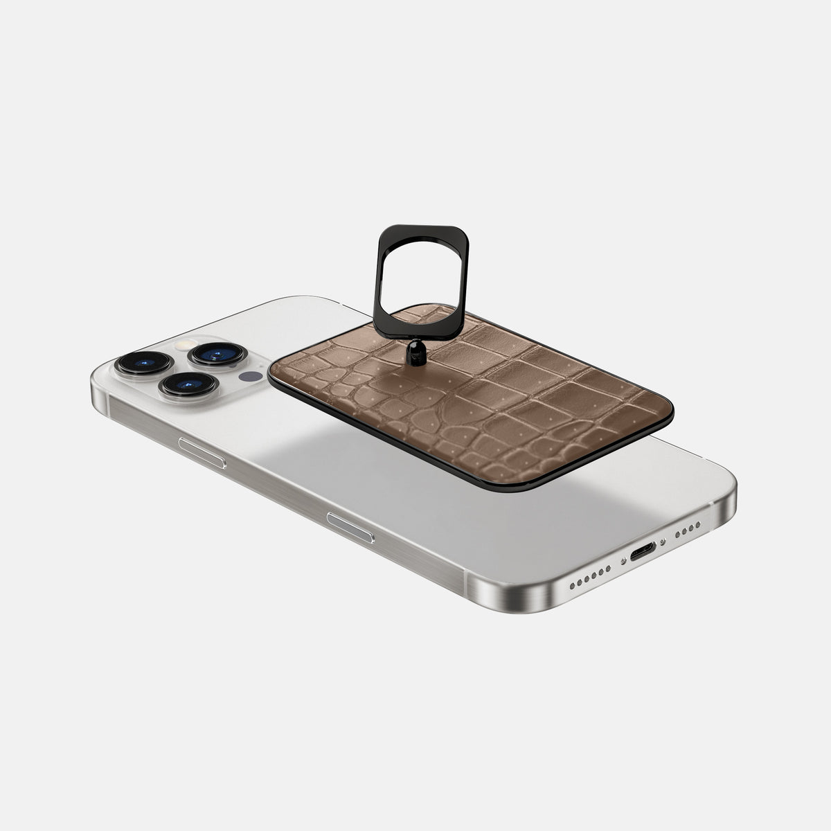 Fur-Brown iPhone 16 Pro Magsafe Ring Porosus Crocodile with Black Metal -4 | Fur-Brown-Black