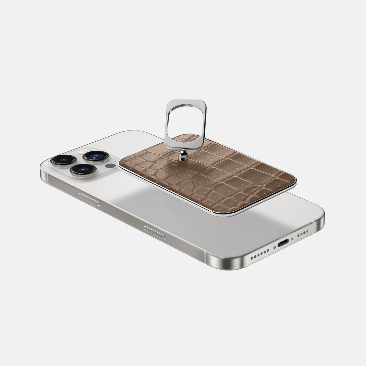 Fur-Brown iPhone 16 Pro Magsafe Ring Porosus Crocodile with Steel Metal -4 | Fur-Brown-Steel