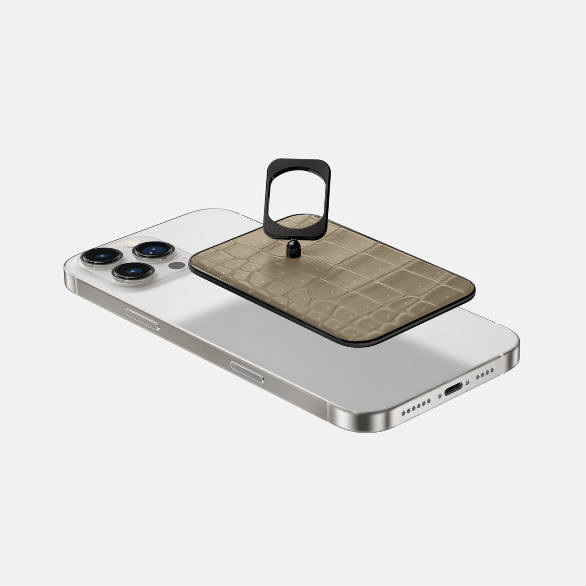Kaki-Green iPhone 16 Pro Magsafe Ring Porosus Crocodile with Black Metal -4 | Kaki-Green-Black