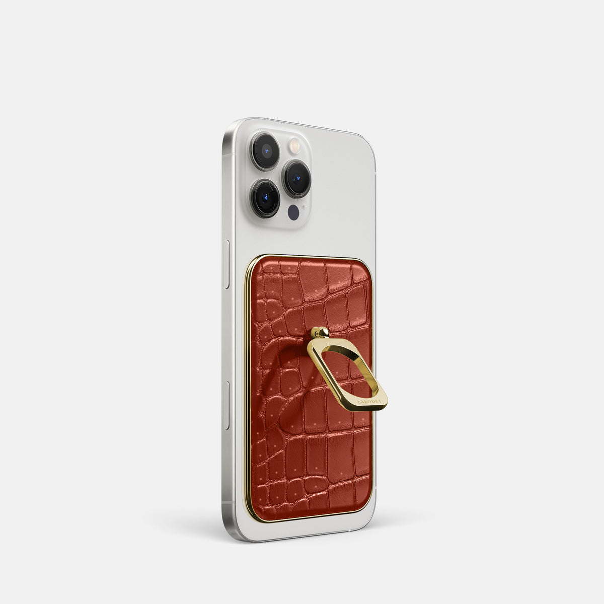 Mahogany-Brown iPhone 16 Pro Magsafe Ring Porosus Crocodile with Gold Metal -1 | Mahogany-Brown-Gold