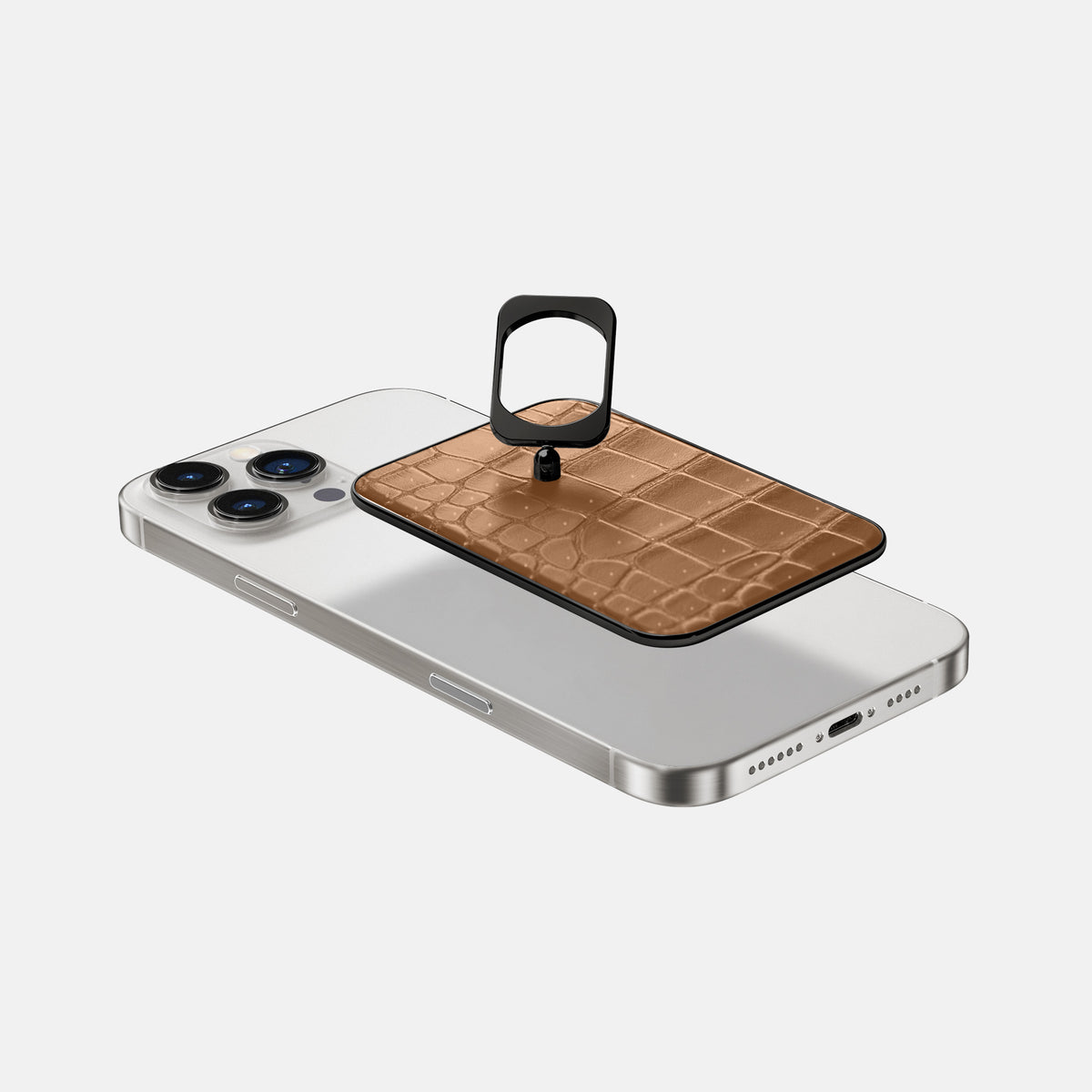 Milk-Chocolate iPhone 16 Pro Magsafe Ring Porosus Crocodile with Black Metal -4 | Milk-Chocolate-Black