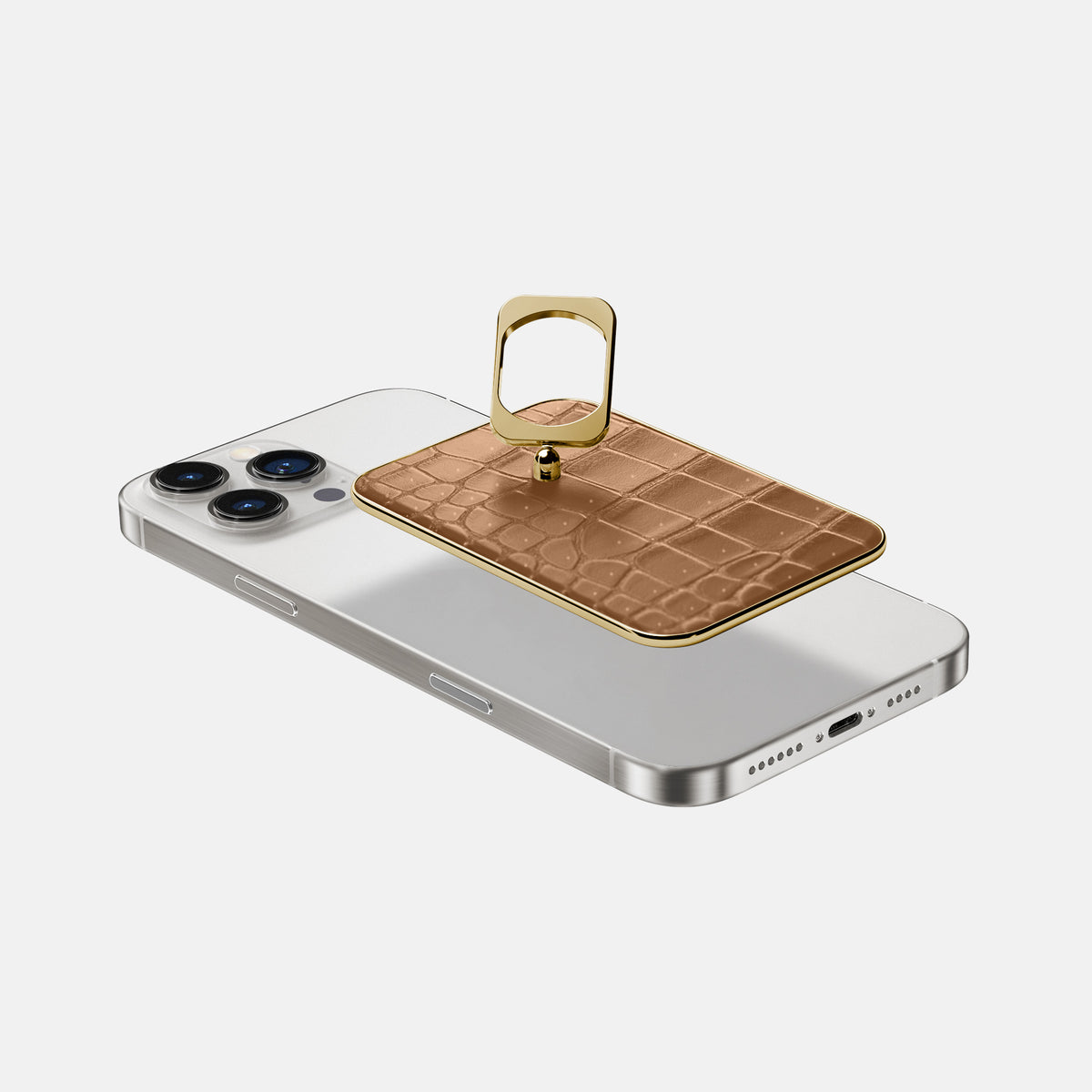 Milk-Chocolate iPhone 16 Pro Magsafe Ring Porosus Crocodile with Gold Metal -4 | Milk-Chocolate-Gold
