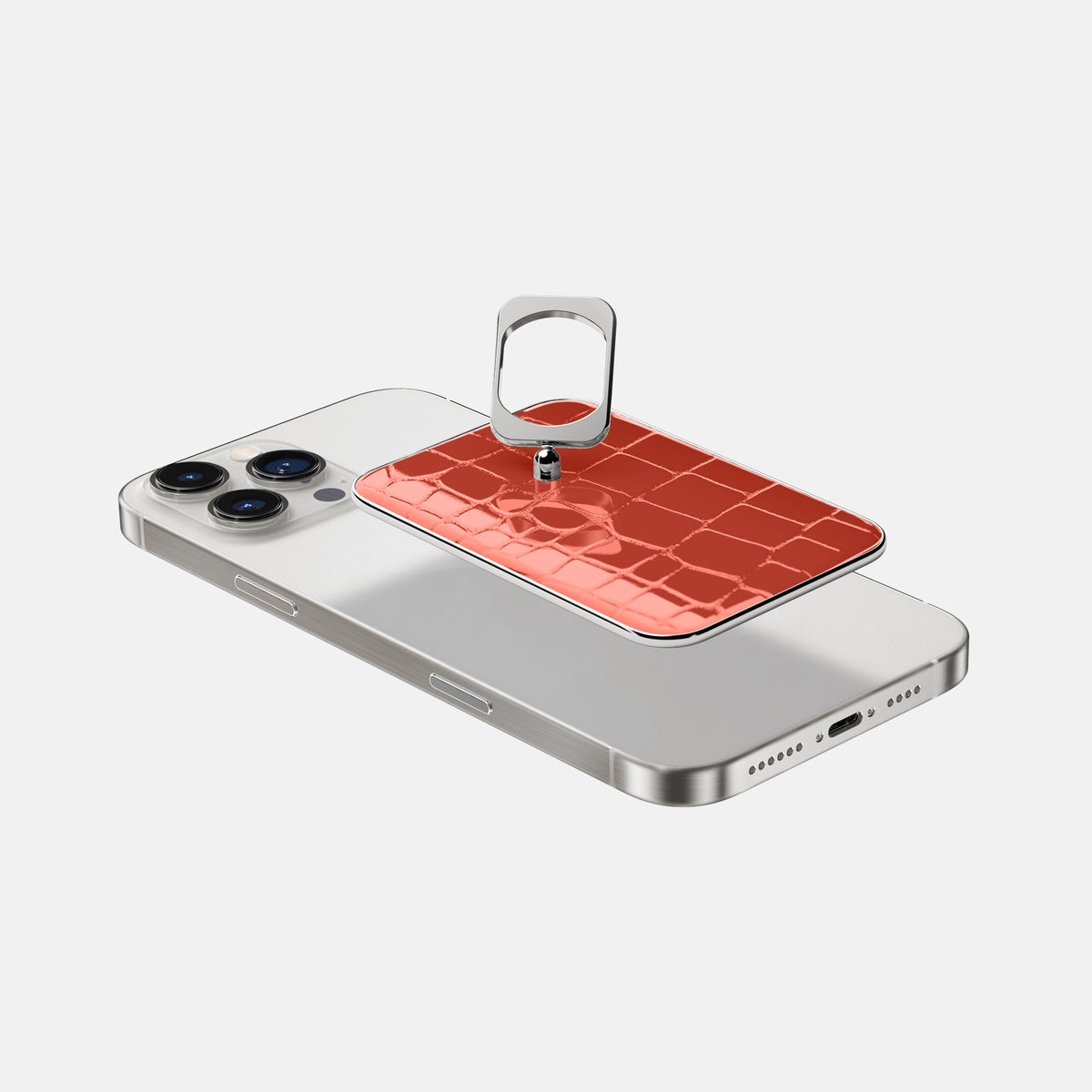 Coral-Orange iPhone 16 Pro MagSafe Ring Shiny Alligator with Steel Metal -4 | Coral-Orange-Steel