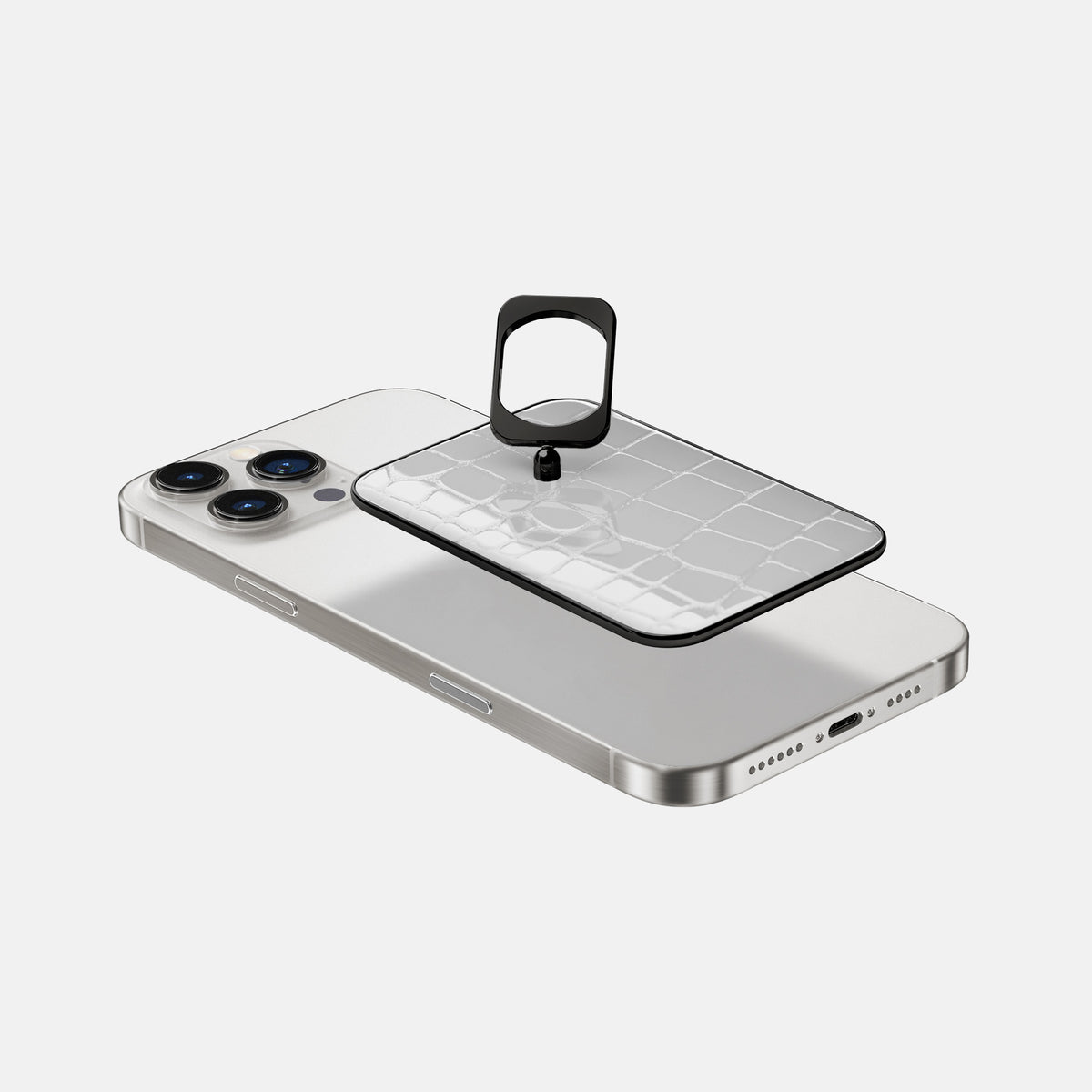 White iPhone 16 Pro MagSafe Ring Shiny Alligator with Black Metal -4 | White-Black