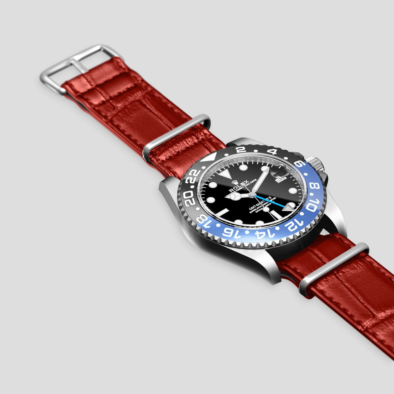 Red Rolex GMT Master II Nato Strap Alligator with Steel Metal -4 | Red-Steel