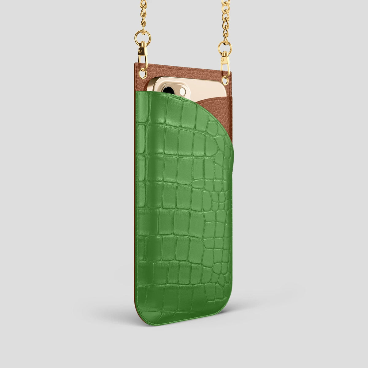 Apple-Green iPhone 14 Pro Crossbody Bag Alligator with Gold Metal -2 | Apple-Green-Gold