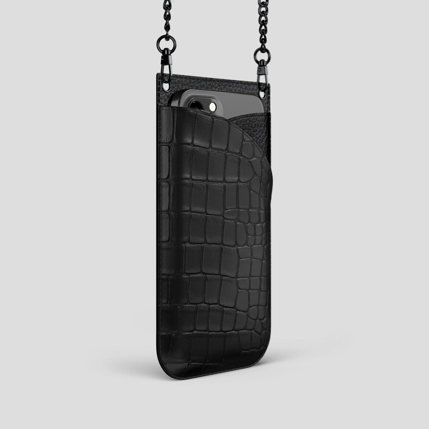 Black iPhone 14 Pro Crossbody Bag Alligator with Black Metal -2 | Black-Black