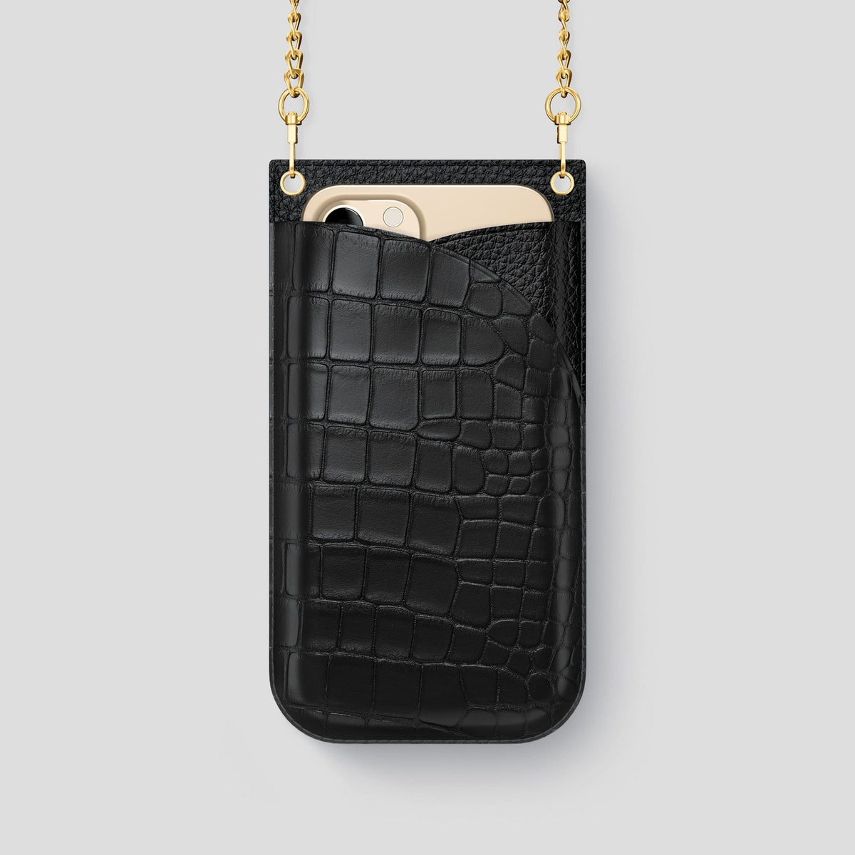 Black iPhone 14 Pro Crossbody Bag Alligator with Gold Metal -1 | Black-Gold